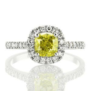 Halo Diamond Engagement Ring Cushion 1.58ct Natural Fancy Yellow 14k White Gold